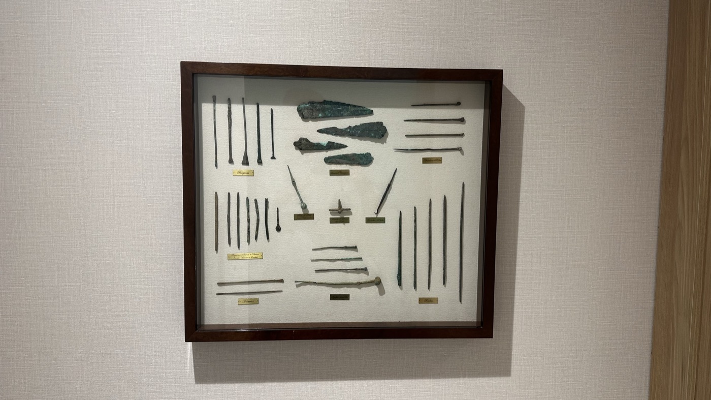 Vitrine I da coleção: dissectors, ruginas, probes e cautérios cirúrgicos romanos em ferro e bronze, séculos I–III d.C.